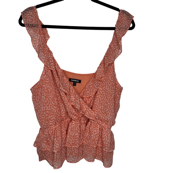 Express Orange/White Print Textures Ruffle Wrap Peplum Tank Top Women's Size L - Picture 2 of 9